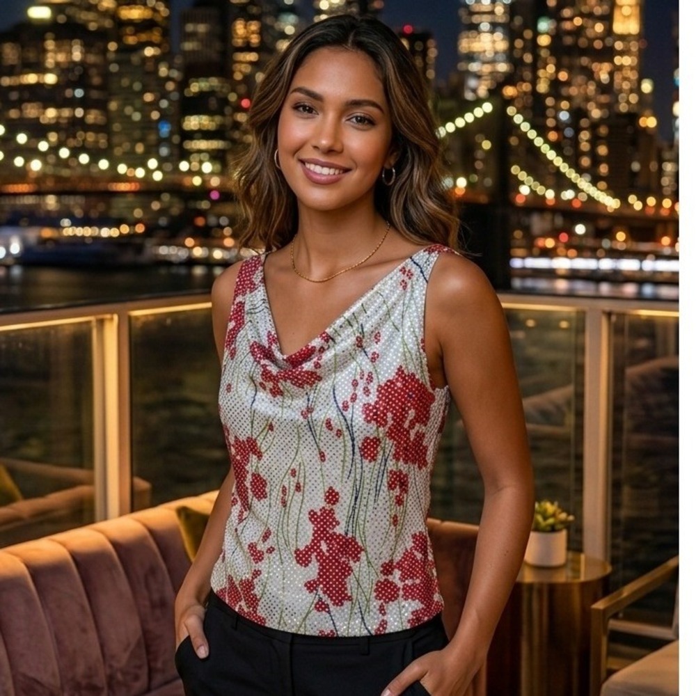 Ivy‎ Jane Women Cowl Neck Sequin Floral Sleeveless Top Red White Size M 641615